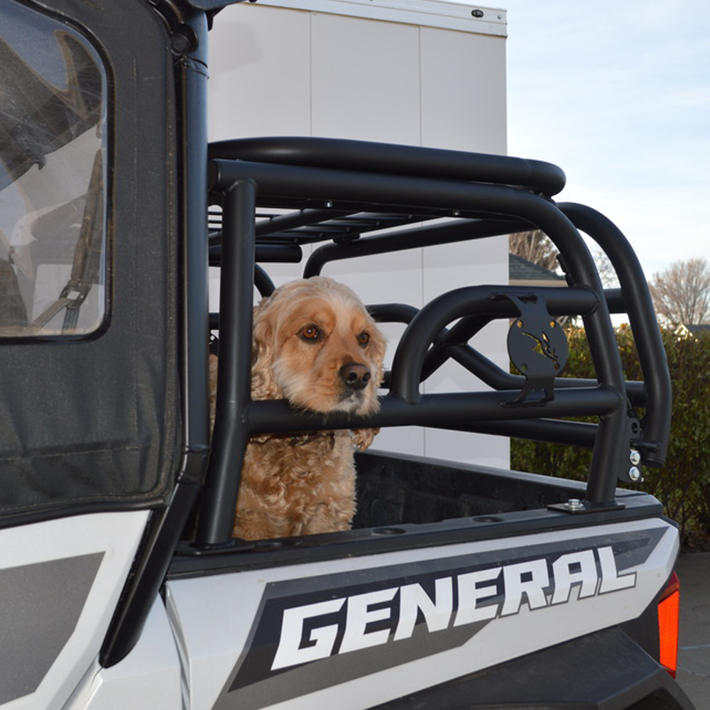 Dog cage rack tailgate with gas-assisted strut and rotary latch