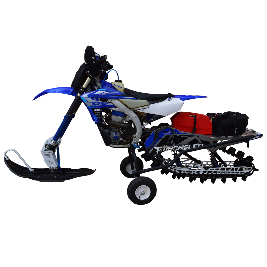 Timbersled snow bike loaded on a rolling Dragon Works cart
