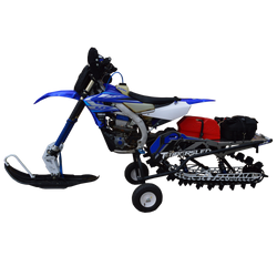 Timbersled snow bike loaded on a rolling Dragon Works cart