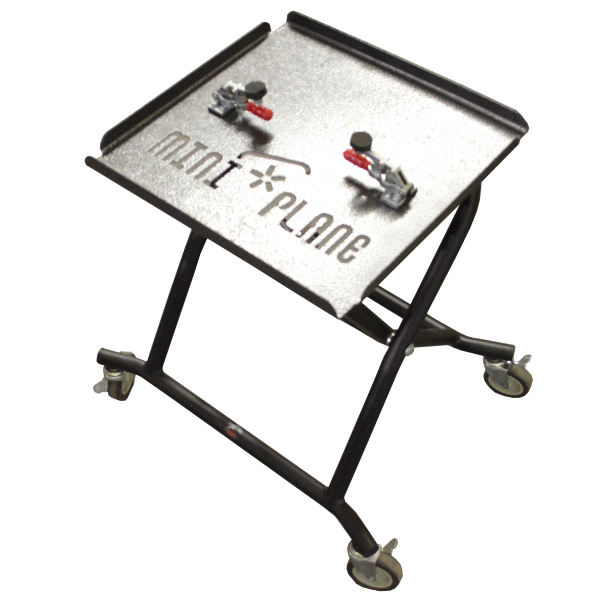 Folding paramotor stand holding a paramotor for maintenance