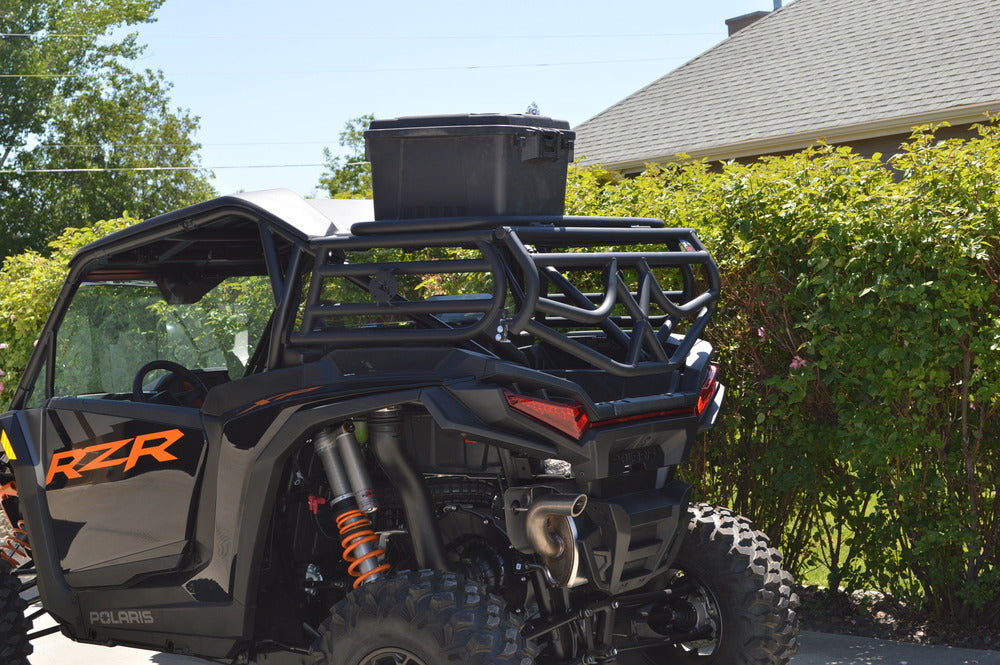 Strut assisted raising tailgate on the Polaris RZR XP 1000 cargo rack