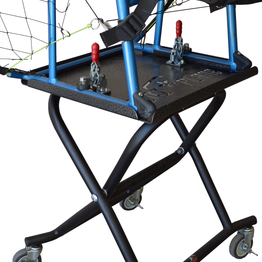 Paramotor stand folded flat for transport