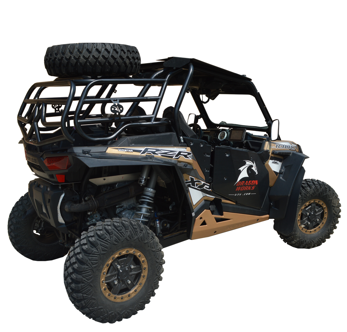 Cargo rack with spare tire mount and tailgate on a Polaris RZR XP 1000
