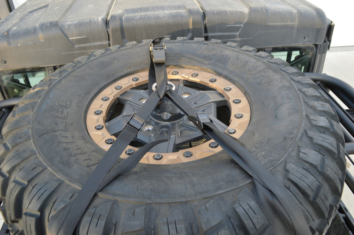 Polaris General cargo and spare tire rack with the Y spare tire strap option